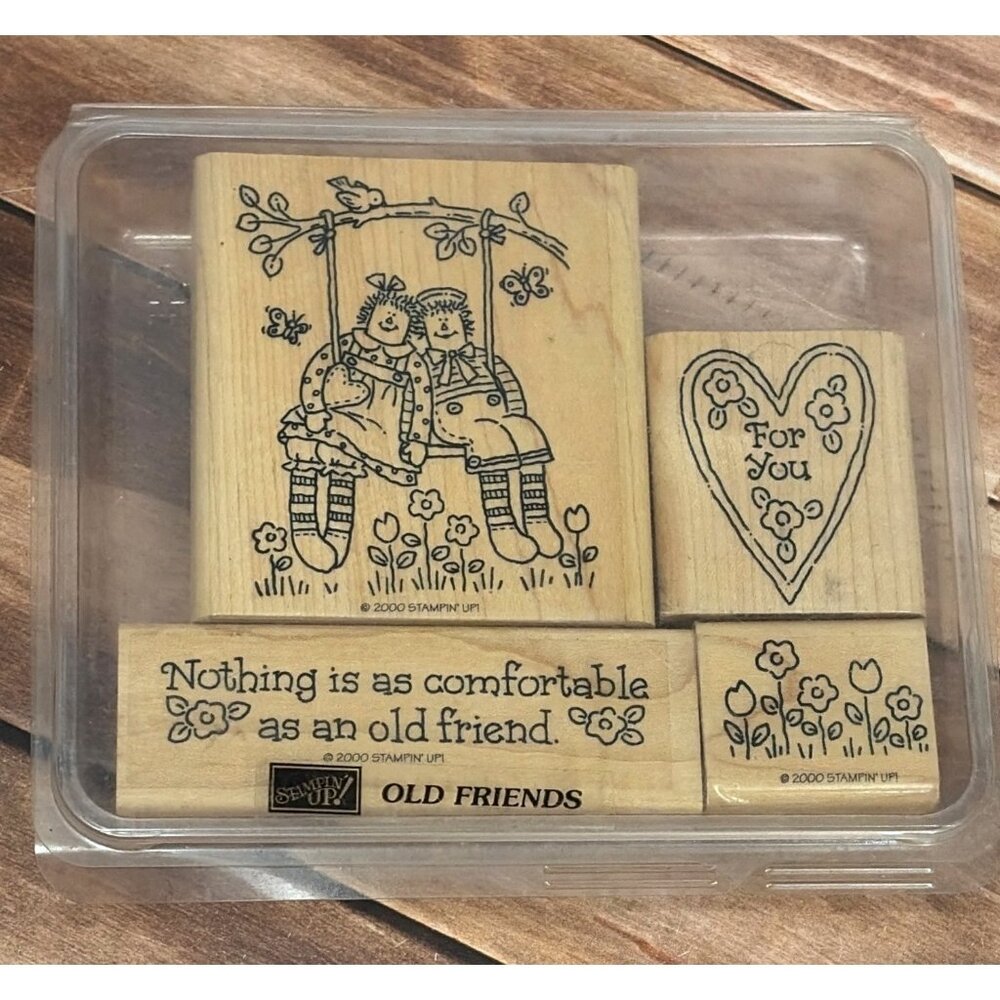 STAMPIN' UP! OLD FRIEND WOOD RUBBER STAMP SET RAGGEDY ANN ANDY TULIP HEART SWING